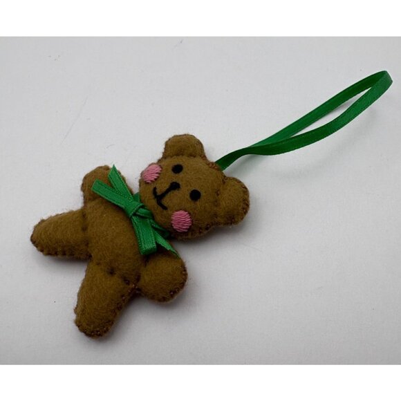 Gingerbread Bear Christmas Ornament Handmade Felt Green Bow Vintage - Picture 4 of 6